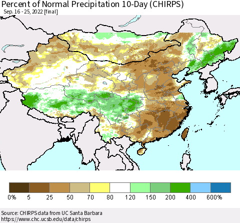 China, Mongolia and Taiwan Percent of Normal Precipitation 10-Day (CHIRPS) Thematic Map For 9/16/2022 - 9/25/2022