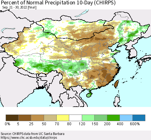 China, Mongolia and Taiwan Percent of Normal Precipitation 10-Day (CHIRPS) Thematic Map For 9/21/2022 - 9/30/2022