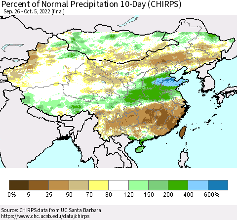 China, Mongolia and Taiwan Percent of Normal Precipitation 10-Day (CHIRPS) Thematic Map For 9/26/2022 - 10/5/2022