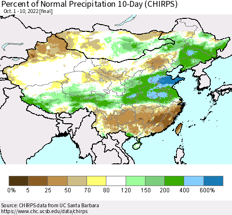 China, Mongolia and Taiwan Percent of Normal Precipitation 10-Day (CHIRPS) Thematic Map For 10/1/2022 - 10/10/2022