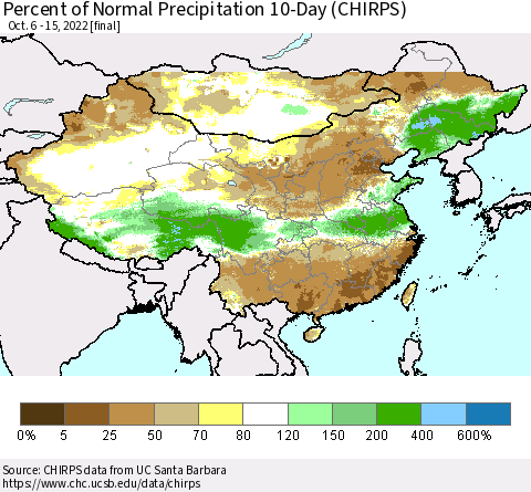 China, Mongolia and Taiwan Percent of Normal Precipitation 10-Day (CHIRPS) Thematic Map For 10/6/2022 - 10/15/2022