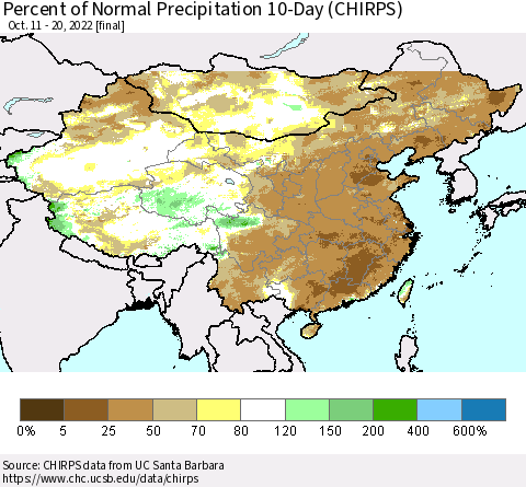 China, Mongolia and Taiwan Percent of Normal Precipitation 10-Day (CHIRPS) Thematic Map For 10/11/2022 - 10/20/2022
