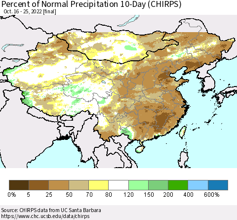 China, Mongolia and Taiwan Percent of Normal Precipitation 10-Day (CHIRPS) Thematic Map For 10/16/2022 - 10/25/2022
