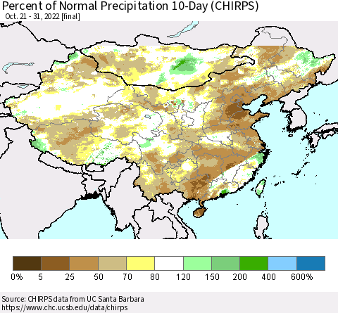China, Mongolia and Taiwan Percent of Normal Precipitation 10-Day (CHIRPS) Thematic Map For 10/21/2022 - 10/31/2022