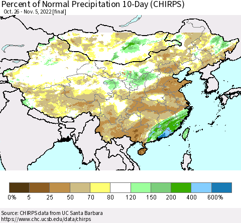 China, Mongolia and Taiwan Percent of Normal Precipitation 10-Day (CHIRPS) Thematic Map For 10/26/2022 - 11/5/2022