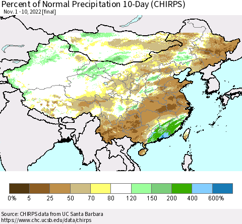 China, Mongolia and Taiwan Percent of Normal Precipitation 10-Day (CHIRPS) Thematic Map For 11/1/2022 - 11/10/2022