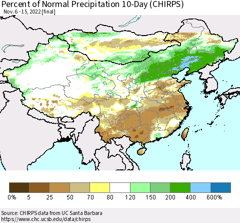 China, Mongolia and Taiwan Percent of Normal Precipitation 10-Day (CHIRPS) Thematic Map For 11/6/2022 - 11/15/2022