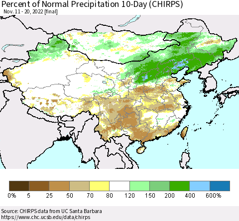 China, Mongolia and Taiwan Percent of Normal Precipitation 10-Day (CHIRPS) Thematic Map For 11/11/2022 - 11/20/2022