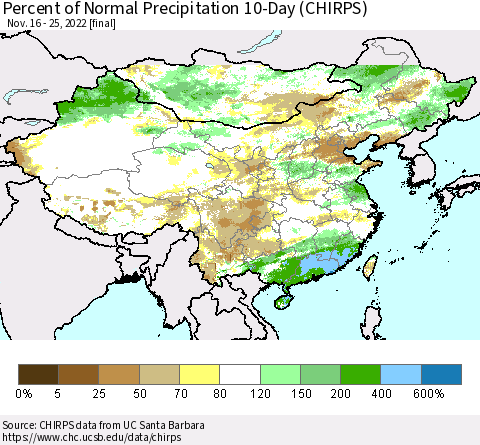 China, Mongolia and Taiwan Percent of Normal Precipitation 10-Day (CHIRPS) Thematic Map For 11/16/2022 - 11/25/2022