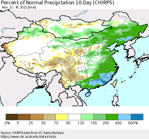 China, Mongolia and Taiwan Percent of Normal Precipitation 10-Day (CHIRPS) Thematic Map For 11/21/2022 - 11/30/2022