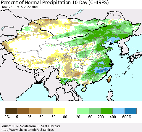 China, Mongolia and Taiwan Percent of Normal Precipitation 10-Day (CHIRPS) Thematic Map For 11/26/2022 - 12/5/2022