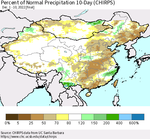 China, Mongolia and Taiwan Percent of Normal Precipitation 10-Day (CHIRPS) Thematic Map For 12/1/2022 - 12/10/2022