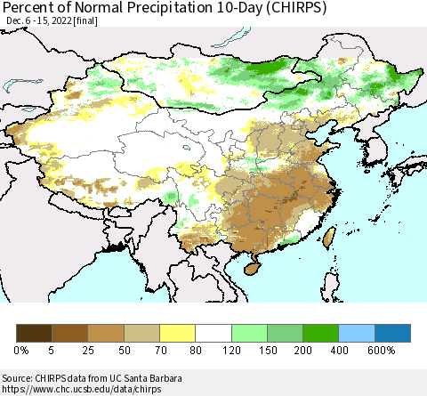China, Mongolia and Taiwan Percent of Normal Precipitation 10-Day (CHIRPS) Thematic Map For 12/6/2022 - 12/15/2022