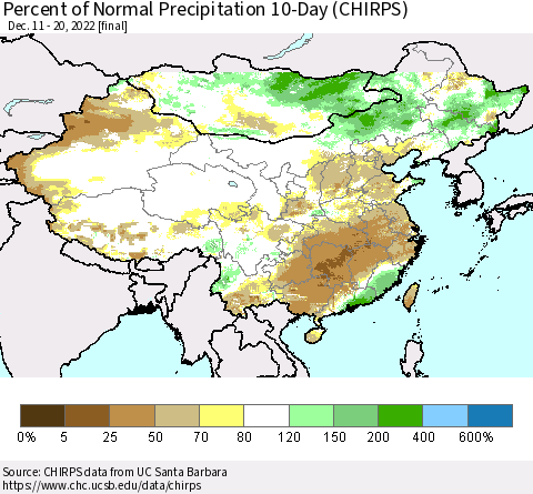 China, Mongolia and Taiwan Percent of Normal Precipitation 10-Day (CHIRPS) Thematic Map For 12/11/2022 - 12/20/2022