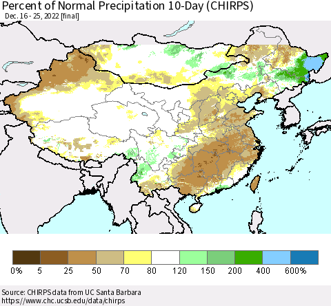China, Mongolia and Taiwan Percent of Normal Precipitation 10-Day (CHIRPS) Thematic Map For 12/16/2022 - 12/25/2022