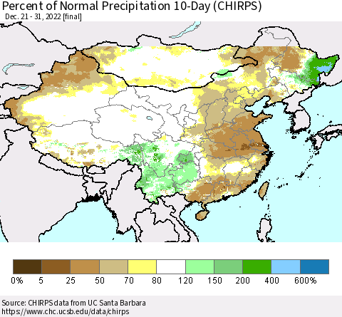 China, Mongolia and Taiwan Percent of Normal Precipitation 10-Day (CHIRPS) Thematic Map For 12/21/2022 - 12/31/2022