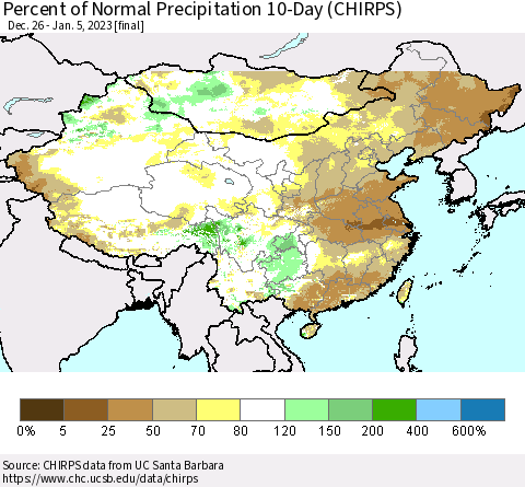 China, Mongolia and Taiwan Percent of Normal Precipitation 10-Day (CHIRPS) Thematic Map For 12/26/2022 - 1/5/2023