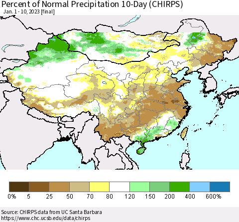 China, Mongolia and Taiwan Percent of Normal Precipitation 10-Day (CHIRPS) Thematic Map For 1/1/2023 - 1/10/2023