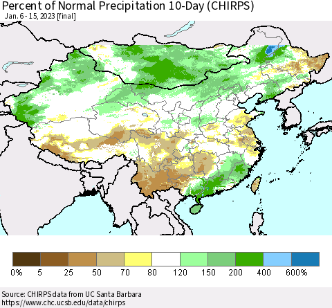 China, Mongolia and Taiwan Percent of Normal Precipitation 10-Day (CHIRPS) Thematic Map For 1/6/2023 - 1/15/2023