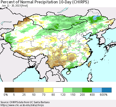 China, Mongolia and Taiwan Percent of Normal Precipitation 10-Day (CHIRPS) Thematic Map For 1/11/2023 - 1/20/2023