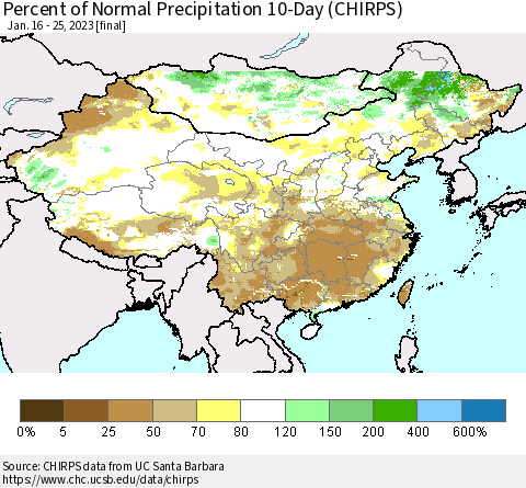 China, Mongolia and Taiwan Percent of Normal Precipitation 10-Day (CHIRPS) Thematic Map For 1/16/2023 - 1/25/2023
