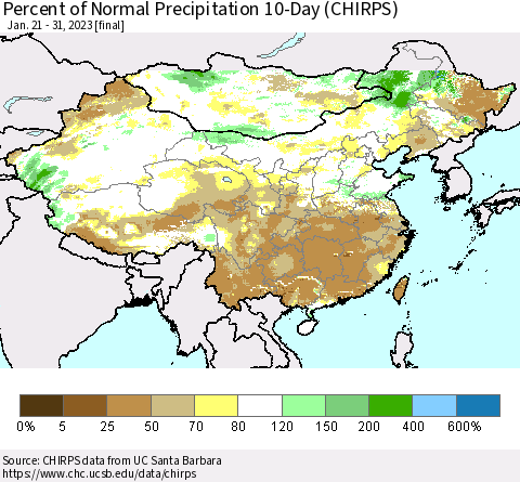 China, Mongolia and Taiwan Percent of Normal Precipitation 10-Day (CHIRPS) Thematic Map For 1/21/2023 - 1/31/2023