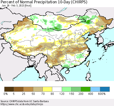 China, Mongolia and Taiwan Percent of Normal Precipitation 10-Day (CHIRPS) Thematic Map For 1/26/2023 - 2/5/2023