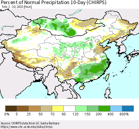 China, Mongolia and Taiwan Percent of Normal Precipitation 10-Day (CHIRPS) Thematic Map For 2/1/2023 - 2/10/2023