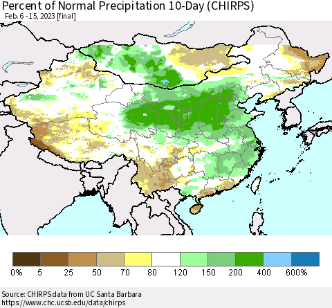 China, Mongolia and Taiwan Percent of Normal Precipitation 10-Day (CHIRPS) Thematic Map For 2/6/2023 - 2/15/2023