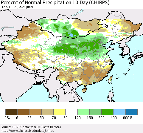 China, Mongolia and Taiwan Percent of Normal Precipitation 10-Day (CHIRPS) Thematic Map For 2/11/2023 - 2/20/2023