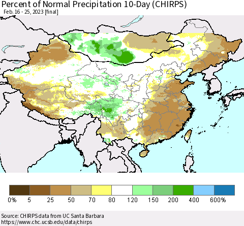 China, Mongolia and Taiwan Percent of Normal Precipitation 10-Day (CHIRPS) Thematic Map For 2/16/2023 - 2/25/2023
