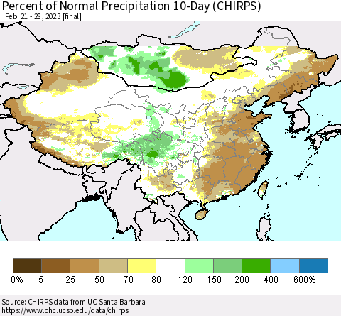 China, Mongolia and Taiwan Percent of Normal Precipitation 10-Day (CHIRPS) Thematic Map For 2/21/2023 - 2/28/2023