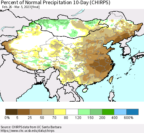 China, Mongolia and Taiwan Percent of Normal Precipitation 10-Day (CHIRPS) Thematic Map For 2/26/2023 - 3/5/2023