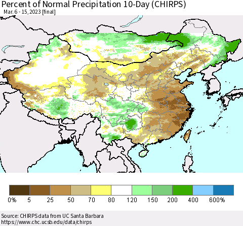 China, Mongolia and Taiwan Percent of Normal Precipitation 10-Day (CHIRPS) Thematic Map For 3/6/2023 - 3/15/2023