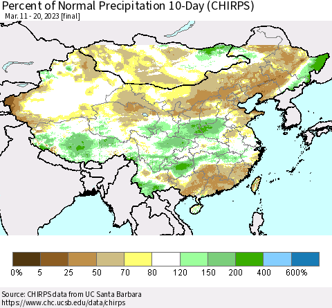 China, Mongolia and Taiwan Percent of Normal Precipitation 10-Day (CHIRPS) Thematic Map For 3/11/2023 - 3/20/2023
