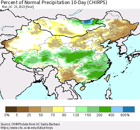 China, Mongolia and Taiwan Percent of Normal Precipitation 10-Day (CHIRPS) Thematic Map For 3/16/2023 - 3/25/2023