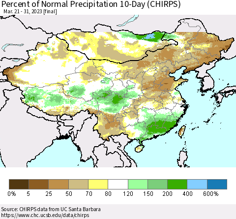 China, Mongolia and Taiwan Percent of Normal Precipitation 10-Day (CHIRPS) Thematic Map For 3/21/2023 - 3/31/2023