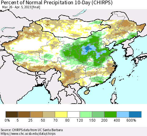 China, Mongolia and Taiwan Percent of Normal Precipitation 10-Day (CHIRPS) Thematic Map For 3/26/2023 - 4/5/2023