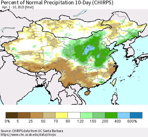 China, Mongolia and Taiwan Percent of Normal Precipitation 10-Day (CHIRPS) Thematic Map For 4/1/2023 - 4/10/2023