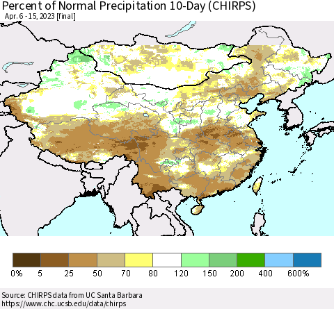 China, Mongolia and Taiwan Percent of Normal Precipitation 10-Day (CHIRPS) Thematic Map For 4/6/2023 - 4/15/2023