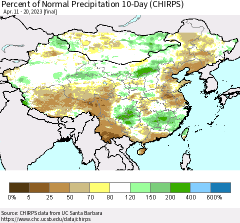 China, Mongolia and Taiwan Percent of Normal Precipitation 10-Day (CHIRPS) Thematic Map For 4/11/2023 - 4/20/2023
