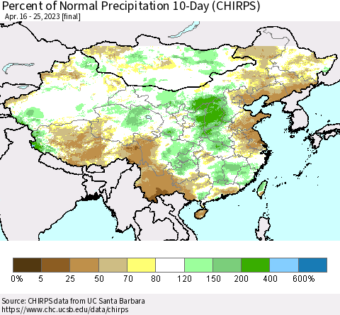 China, Mongolia and Taiwan Percent of Normal Precipitation 10-Day (CHIRPS) Thematic Map For 4/16/2023 - 4/25/2023