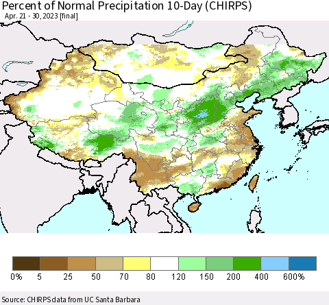 China, Mongolia and Taiwan Percent of Normal Precipitation 10-Day (CHIRPS) Thematic Map For 4/21/2023 - 4/30/2023
