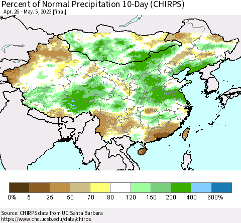 China, Mongolia and Taiwan Percent of Normal Precipitation 10-Day (CHIRPS) Thematic Map For 4/26/2023 - 5/5/2023