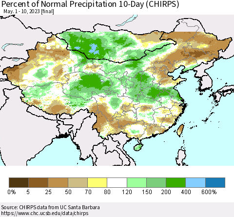 China, Mongolia and Taiwan Percent of Normal Precipitation 10-Day (CHIRPS) Thematic Map For 5/1/2023 - 5/10/2023