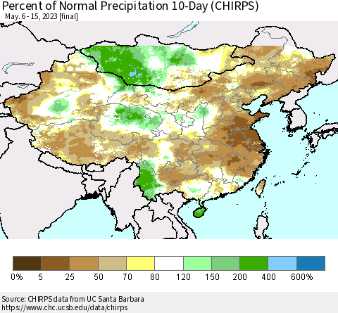 China, Mongolia and Taiwan Percent of Normal Precipitation 10-Day (CHIRPS) Thematic Map For 5/6/2023 - 5/15/2023