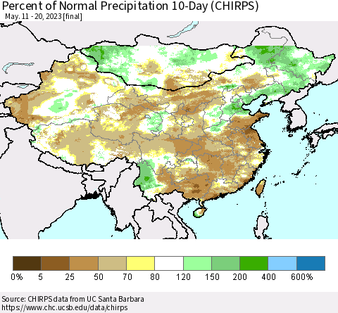 China, Mongolia and Taiwan Percent of Normal Precipitation 10-Day (CHIRPS) Thematic Map For 5/11/2023 - 5/20/2023