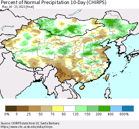 China, Mongolia and Taiwan Percent of Normal Precipitation 10-Day (CHIRPS) Thematic Map For 5/16/2023 - 5/25/2023