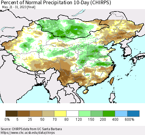 China, Mongolia and Taiwan Percent of Normal Precipitation 10-Day (CHIRPS) Thematic Map For 5/21/2023 - 5/31/2023