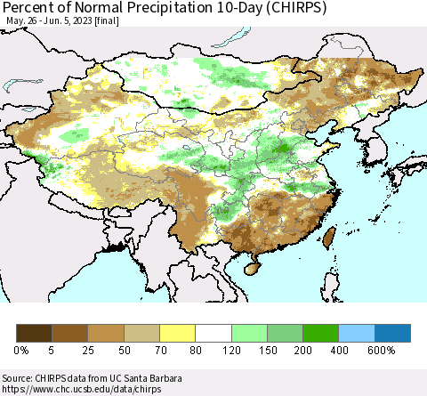 China, Mongolia and Taiwan Percent of Normal Precipitation 10-Day (CHIRPS) Thematic Map For 5/26/2023 - 6/5/2023